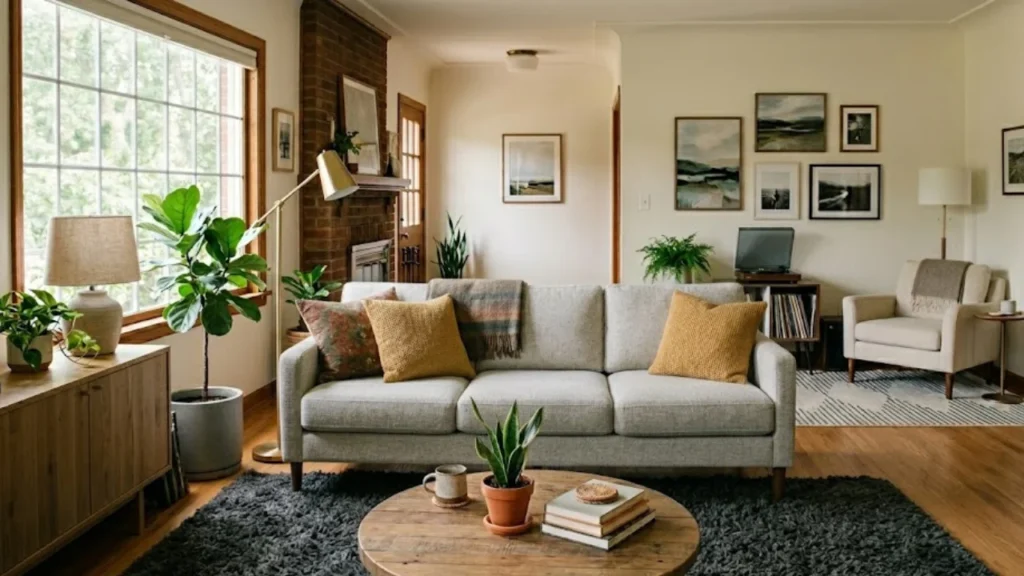 grey sofa rug color — monochromatic charcoal example