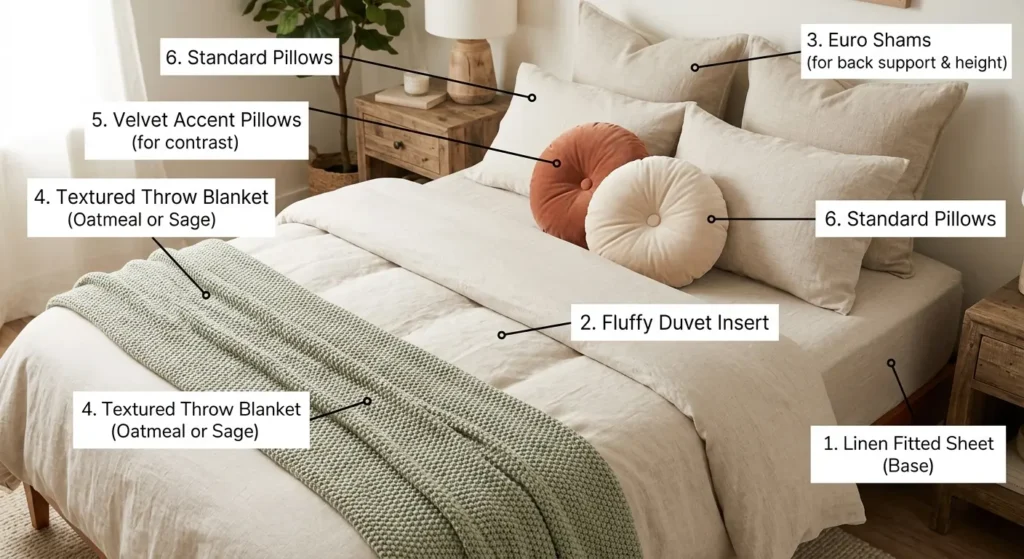 Explainer image showing the anatomical layers of a cozy bed, including duvet, euro shams, throw blanket, and velvet pillows.