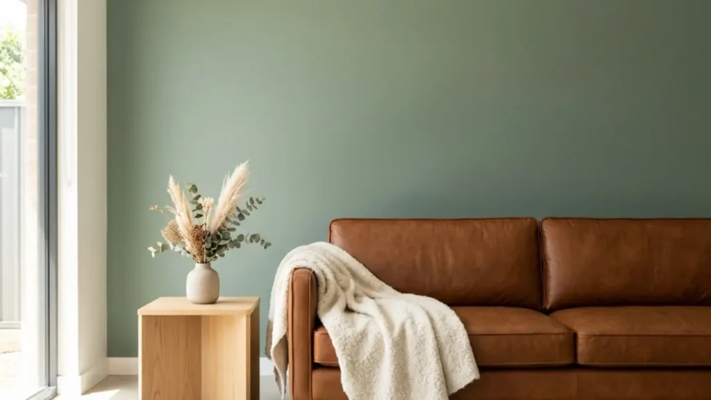 brown sofa with sage green wall color living room
