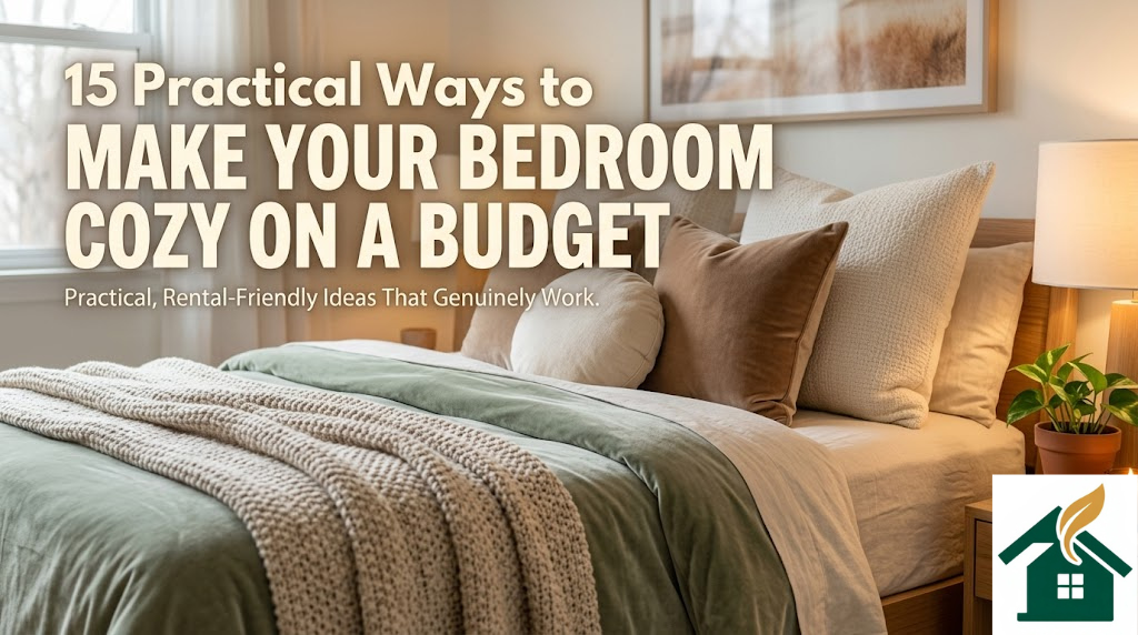 how to make a bedroom feel cozy with warm lighting and layered bedding