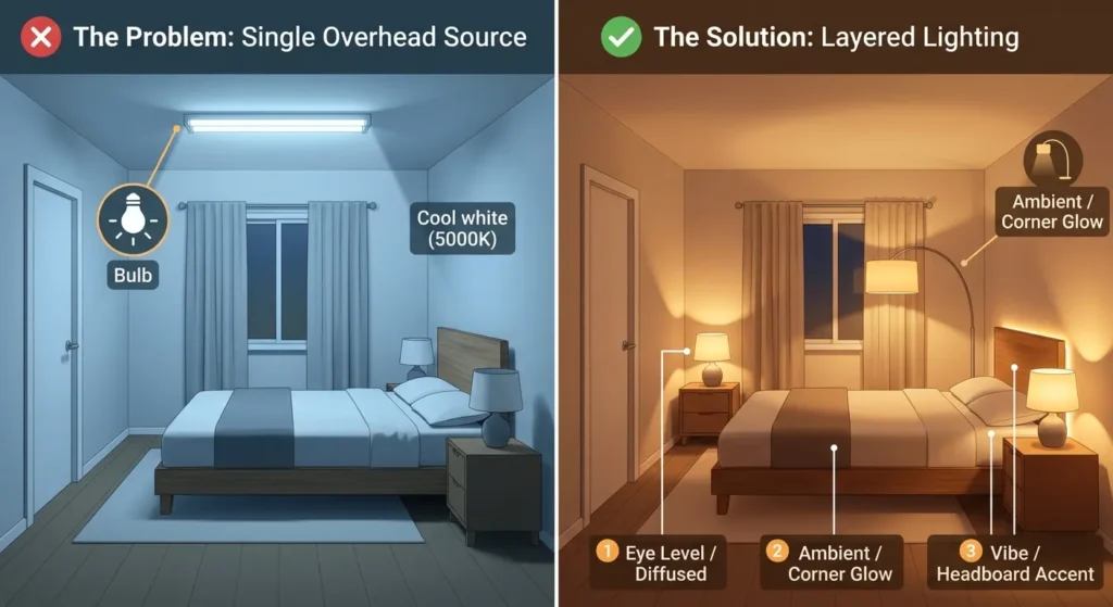 Infographic showing the difference between harsh overhead-only lighting vs the layered lighting concept using three warm light sources for bedroom coziness.