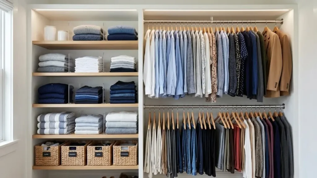small bedroom closet organization with double hang rod and shelf dividers.