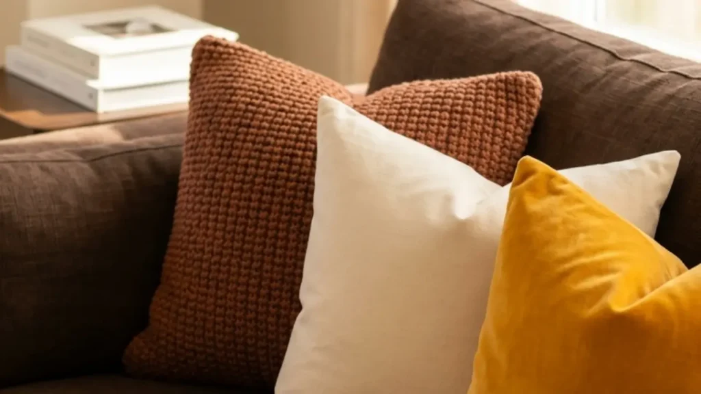 throw pillows on a brown sofa in warm neutral colors
