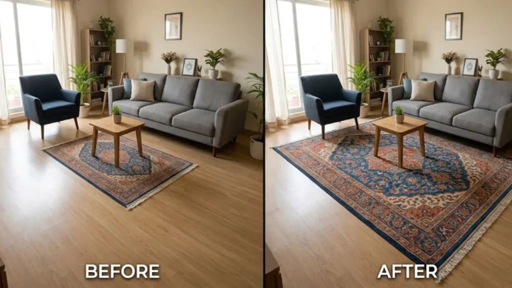 before and after small space changes — rug size 5x7 vs 8x10 with furniture anchored