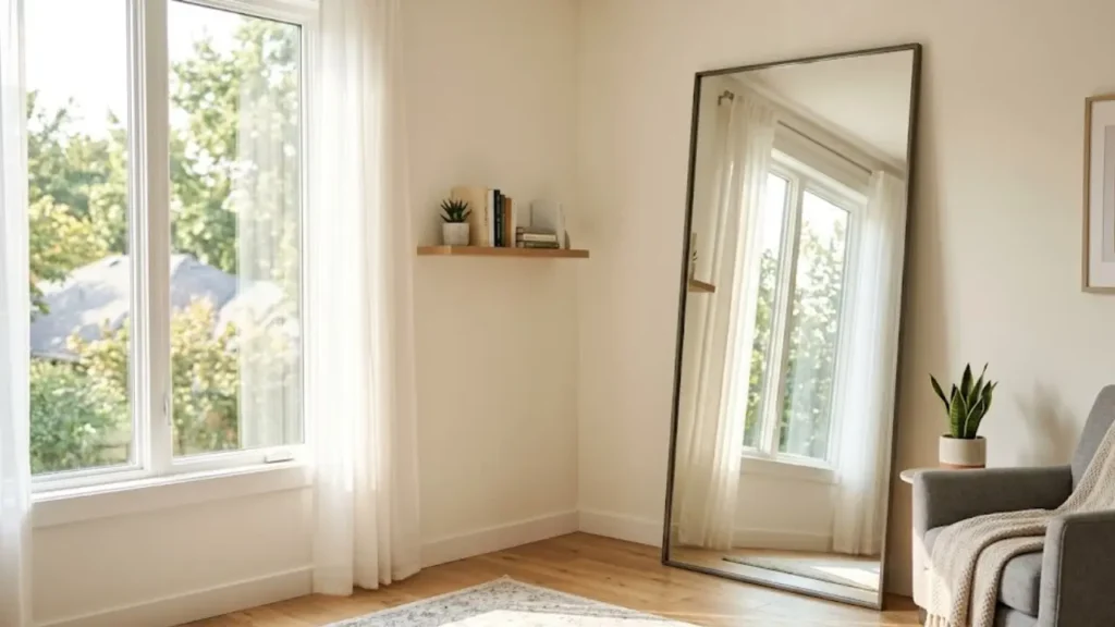 before and after small space mirror placement — large floor mirror opposite window reflecting natural light