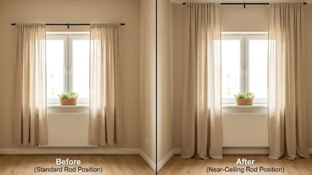 before and after small space curtain change — ceiling height rod vs standard mount showing room height difference