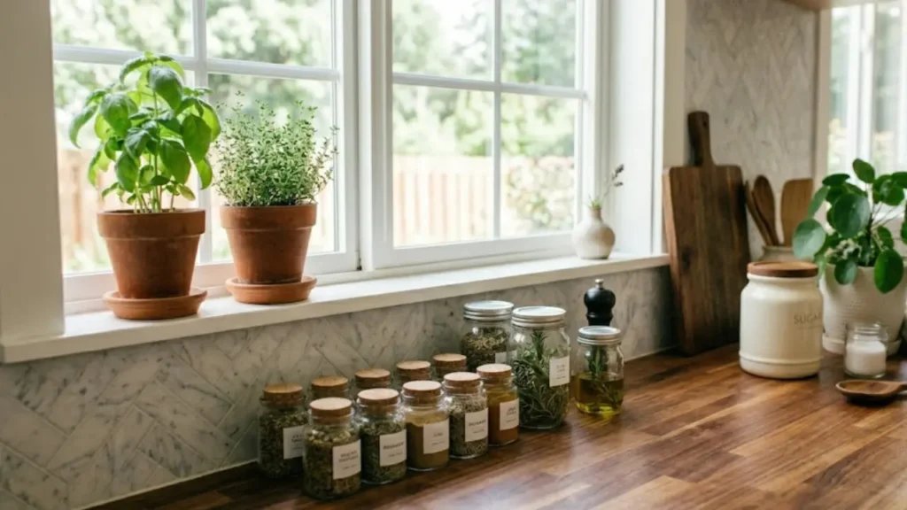 before and after kitchen counter decor — removing clutter and adding intentional styling