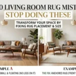 Comparison of too-small area rug with no furniture legs on it vs correctly sized rug with front legs on in a living room. Showing Living Room Rug Mistakes