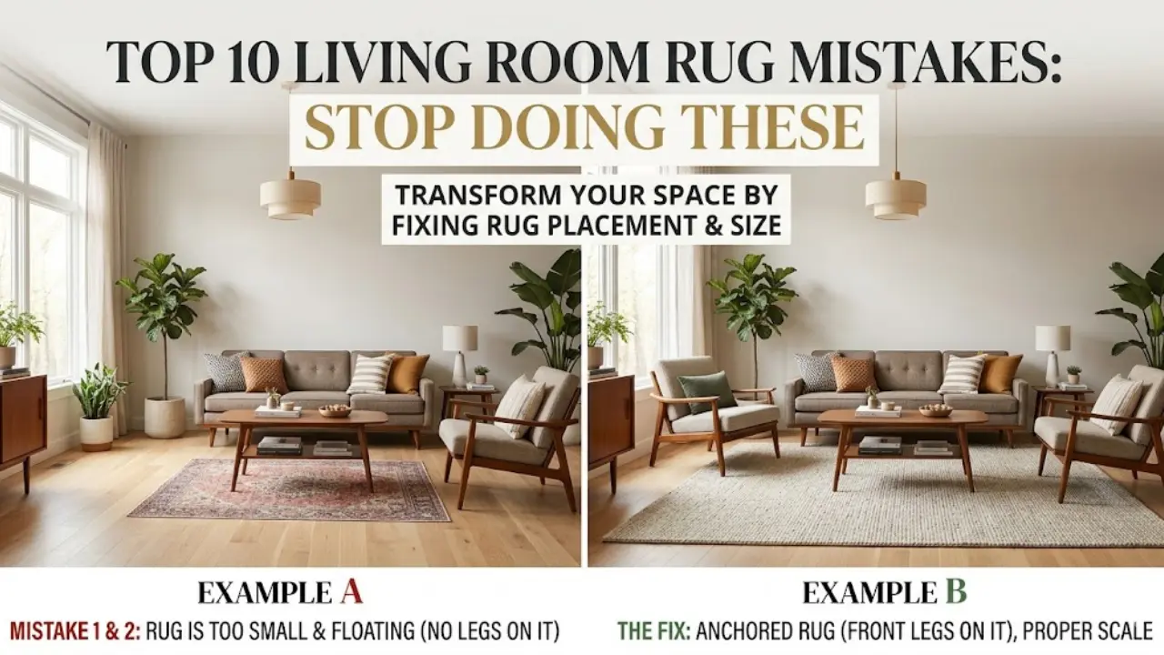 Comparison of too-small area rug with no furniture legs on it vs correctly sized rug with front legs on in a living room. Showing Living Room Rug Mistakes
