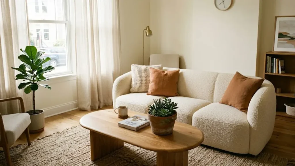 cream boucle sofa with warm throw pillows and woven rug in small apartment living room