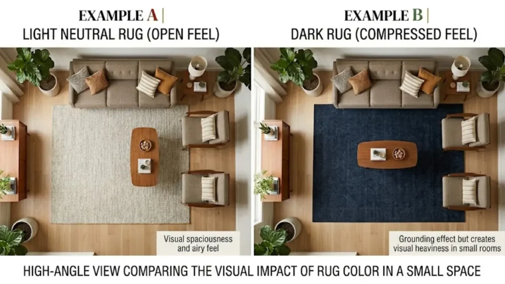 Light cream area rug vs dark navy rug in a small living room showing how rug color affects how spacious the room looks