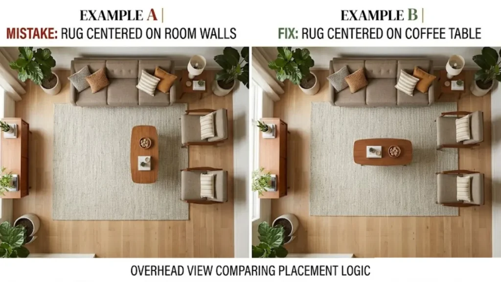 Overhead diagram showing rug centered on room walls vs rug centered on coffee table and seating arrangement