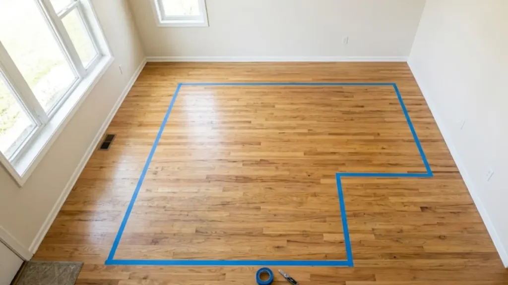 Painter's tape marking rug dimensions on living room floor before buying an area rug