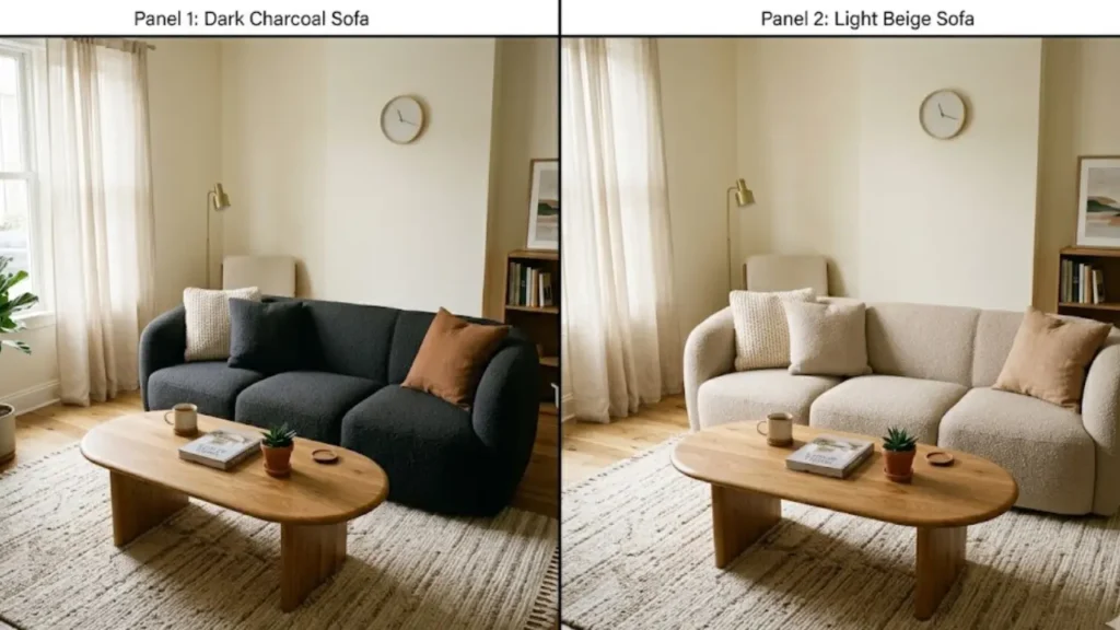 small living room comparison showing dark charcoal sofa versus light beige sofa and perceived space difference