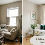 before and after small space changes showing 6 small room transformations with furniture placement and decor fixes