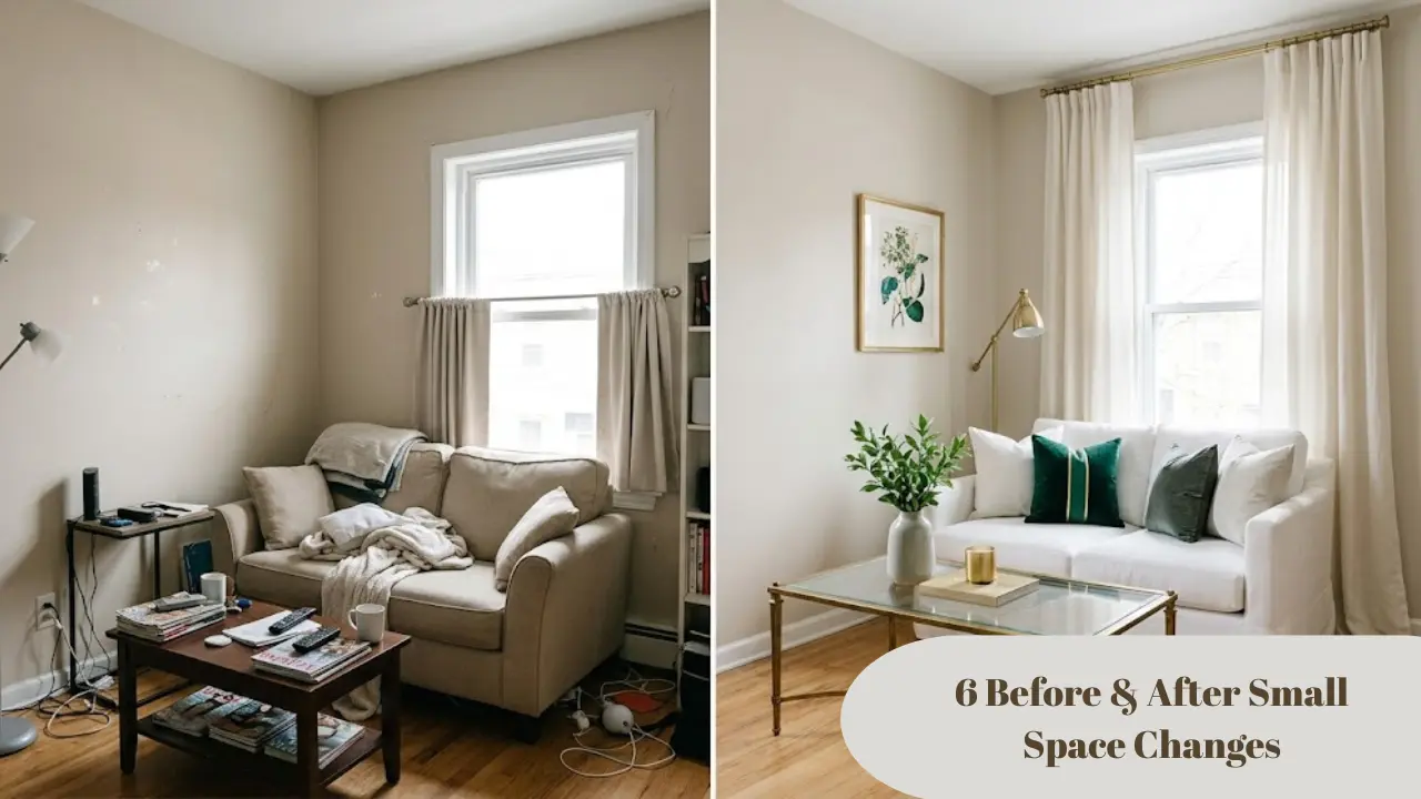 before and after small space changes showing 6 small room transformations with furniture placement and decor fixes