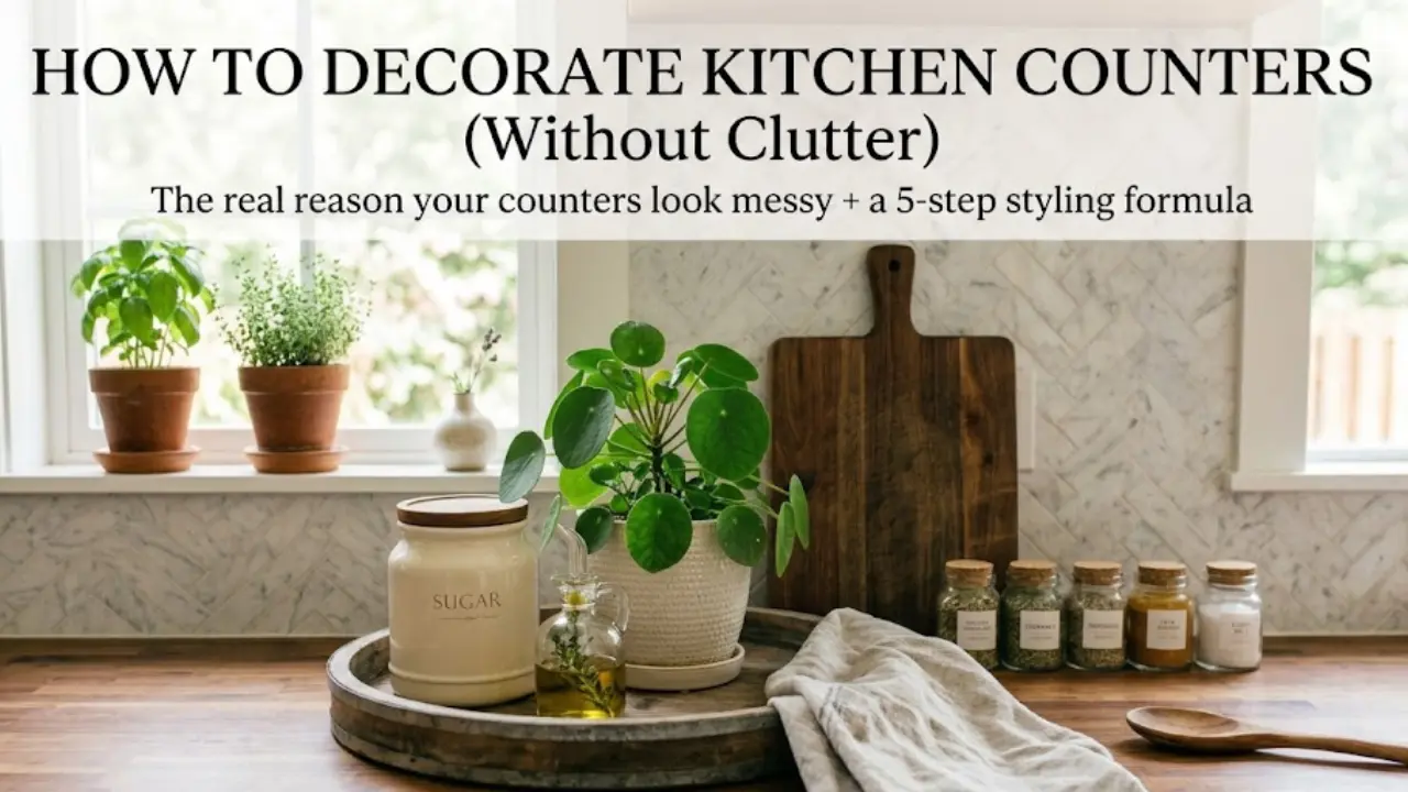 A beautifully styled, bright kitchen counter demonstrating how to decorate kitchen counters without clutter using a wooden tray, natural plant and glass jars.