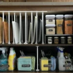 A high-impact photograph showcasing how to organize kitchen cabinets using a budget-friendly, realistic system. The image displays an open lower cabinet featuring white vertical tension rods as dividers for cutting boards and baking sheets, alongside clear, labeled bins for cleaning supplies, sponges, and tools. Integrated LED lighting illuminates the dark wood interior, highlighting a practical and professional transformation.