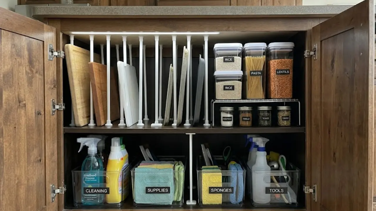 A high-impact photograph showcasing how to organize kitchen cabinets using a budget-friendly, realistic system. The image displays an open lower cabinet featuring white vertical tension rods as dividers for cutting boards and baking sheets, alongside clear, labeled bins for cleaning supplies, sponges, and tools. Integrated LED lighting illuminates the dark wood interior, highlighting a practical and professional transformation.