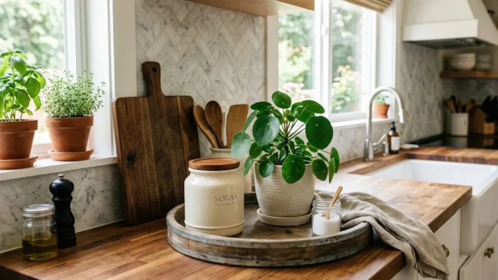 kitchen counter near window decorated with potted herbs and glass oil dispenser