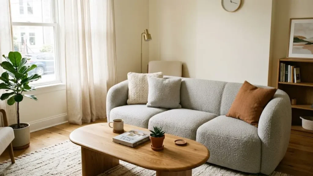 light gray boucle sofa in small living room with warm wood accents and cream rug