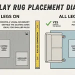 living room rug placement comparison showing front legs on vs all legs on rug styles