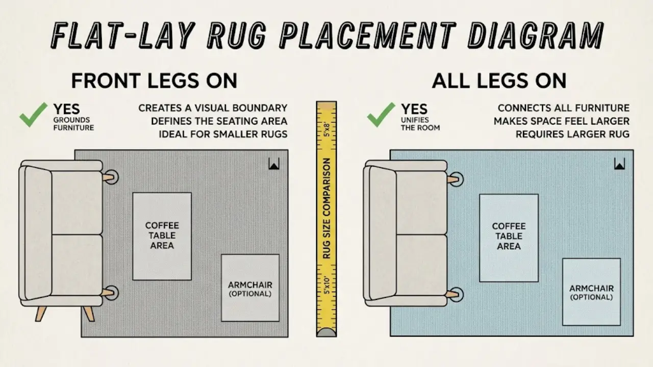 living room rug placement comparison showing front legs on vs all legs on rug styles