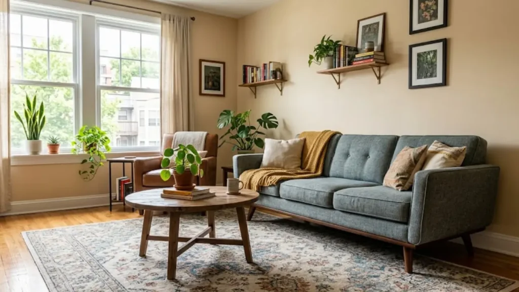 small apartment living room with floating sofa arrangement and area rug