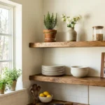 Floating wood shelves showing small kitchen open shelving ideas to create space