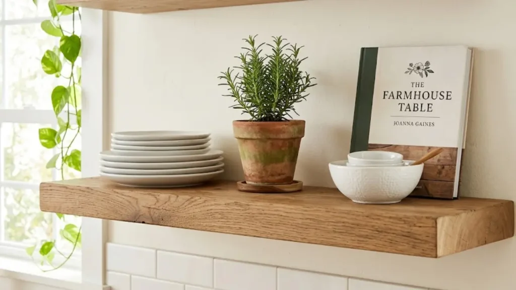 kitchen open shelving ideas with white dishes and potted herb on floating wood shelf