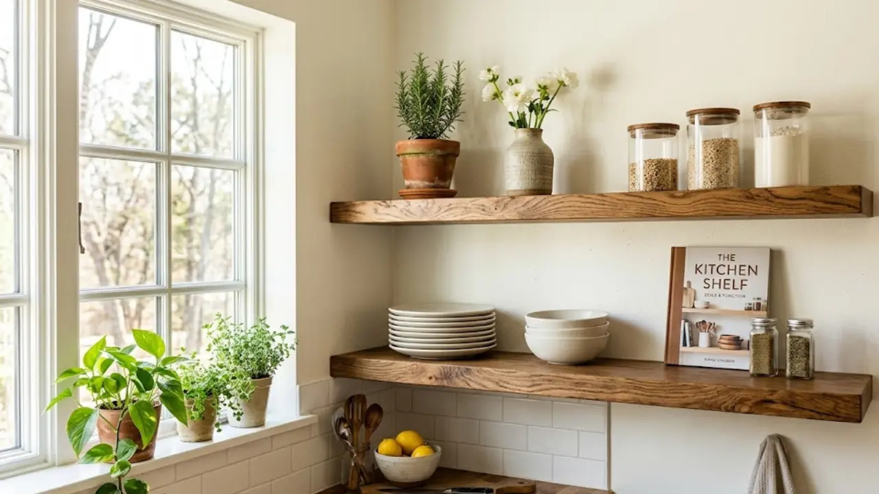 Floating wood shelves showing small kitchen open shelving ideas to create space