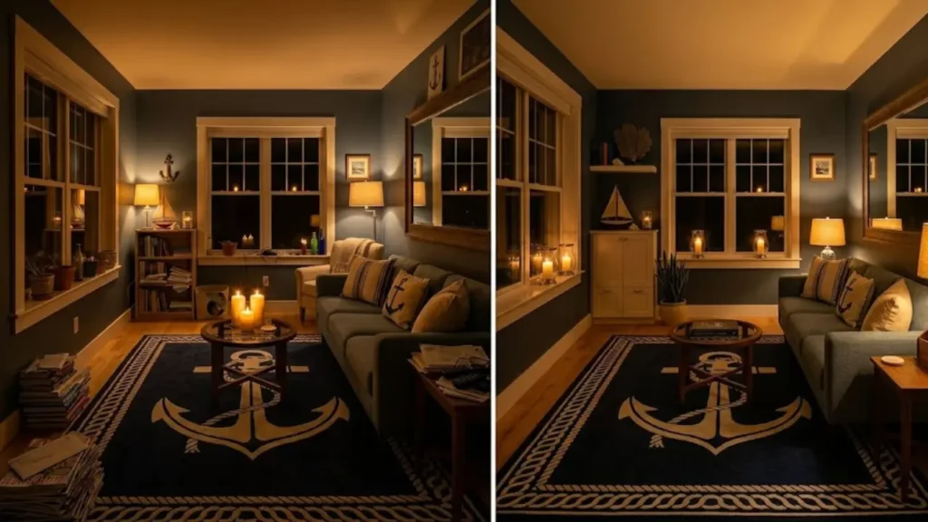 small living room evening lighting with floor lamp table lamp and candles creating layered warm light