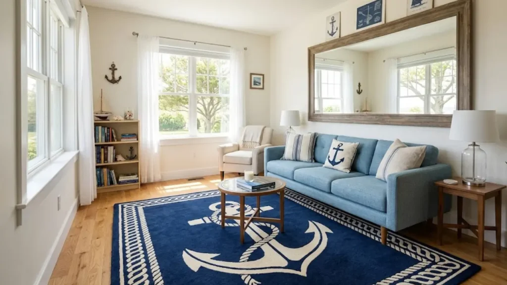 small living room without clutter showing floating sofa placement and large area rug anchoring the seating area