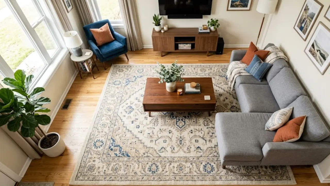L-shaped sectional sofa on a 9x12 area rug with front legs on rug placement in a neutral living room