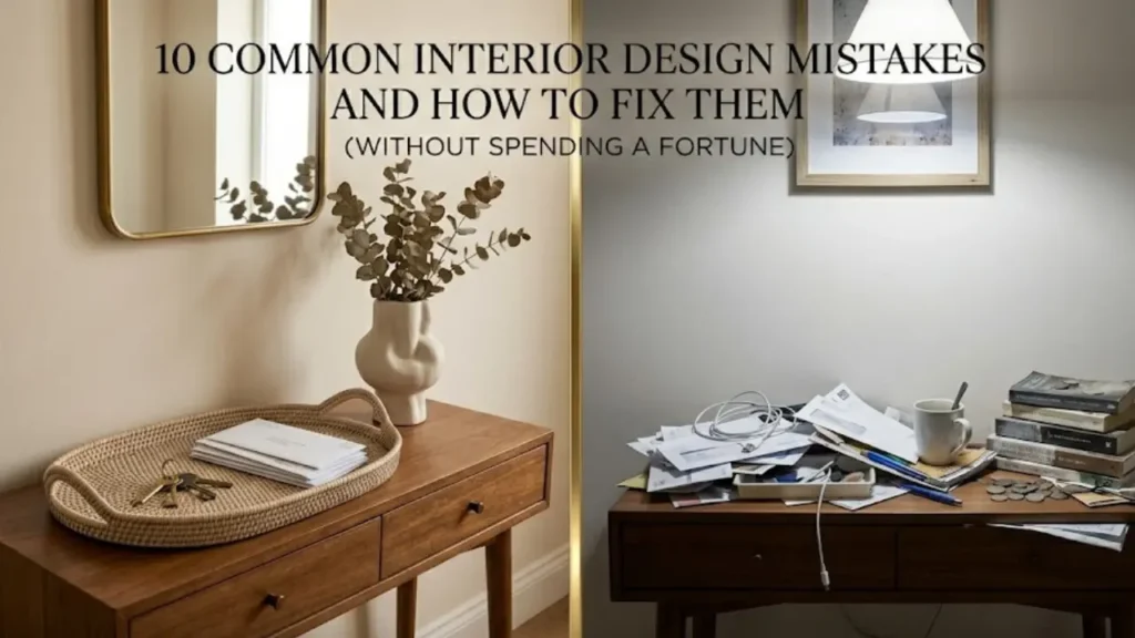 Home decor clutter comparison showing styled console table versus cluttered surface