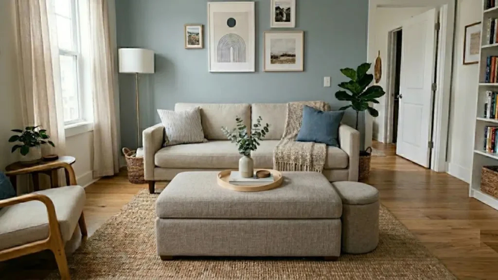 Oval coffee table in narrow small living room oriented along the longer wall with a sofa
