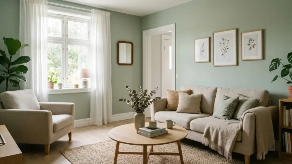 Pale sage green wall color in small living room with white trim and neutral furniture