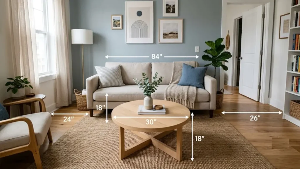 Round coffee table in small living room with clear traffic flow on both sides of the sofa