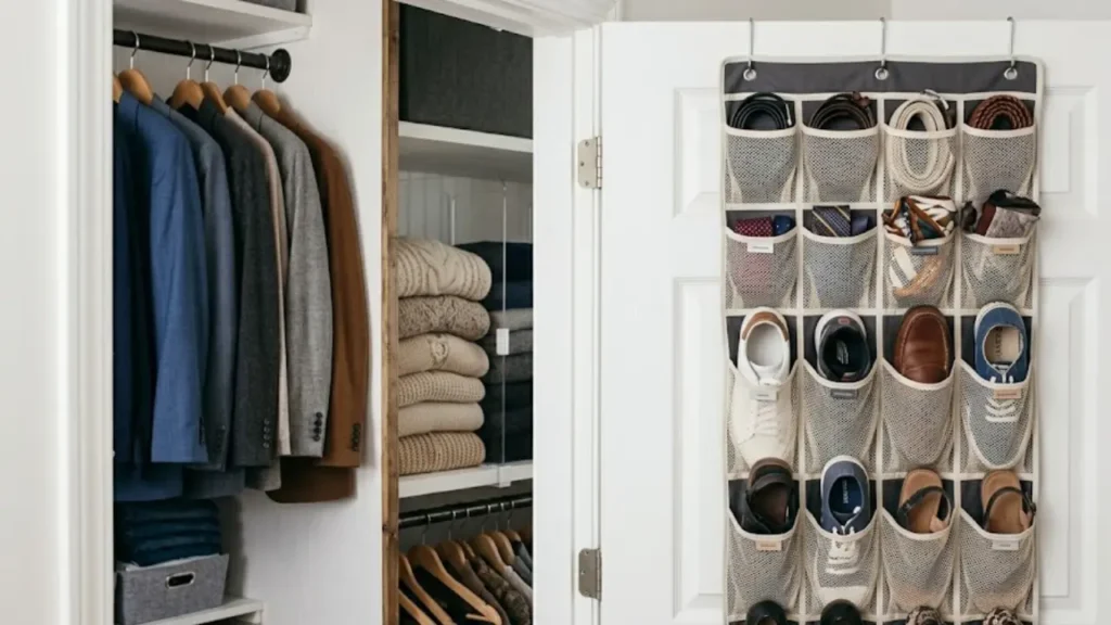 Small bedroom closet organization idea using over-the-door storage for shoes and accessories