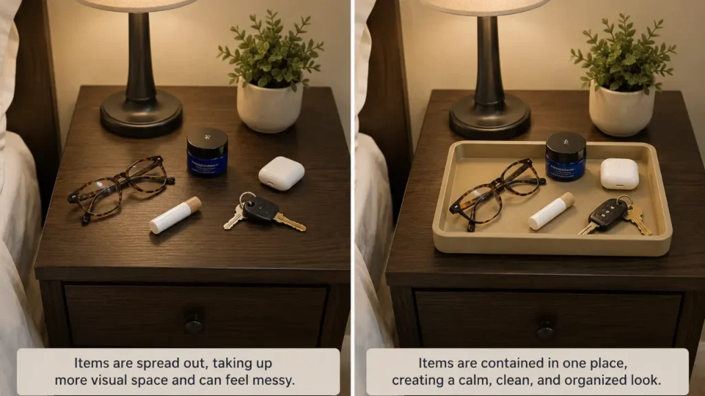 Small bedroom clutter mistake showing nightstand before and after adding a contained tray