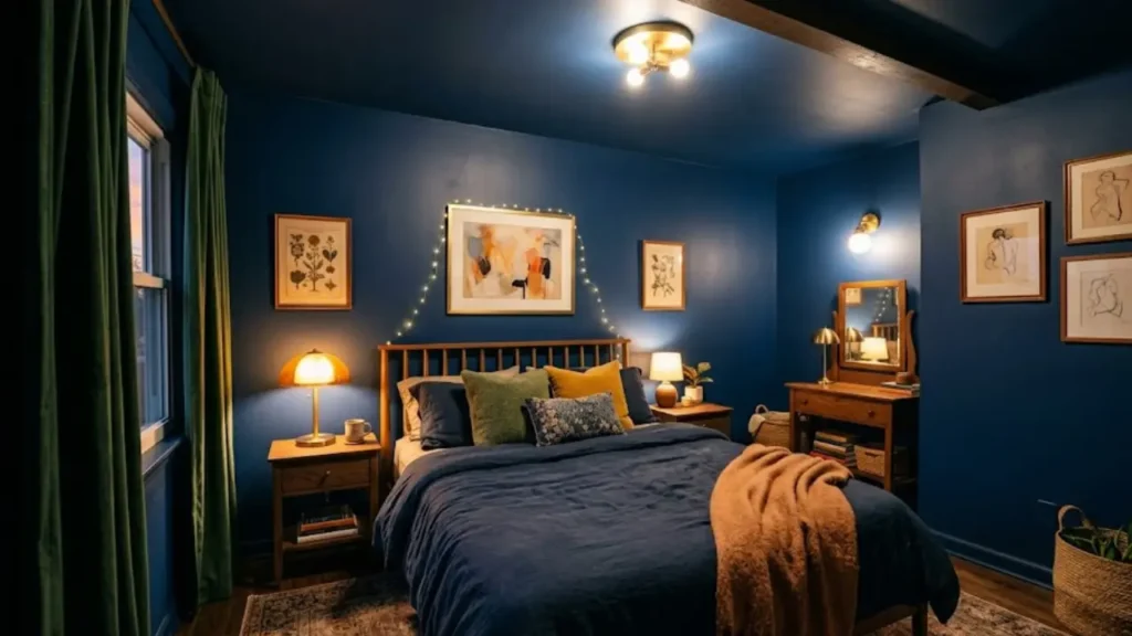 Small bedroom color ideas showing deep navy walls and ceiling for a cozy enveloping effect