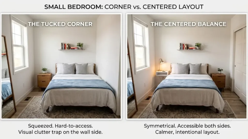Small bedroom furniture arrangement comparison showing corner bed versus centered bed placement