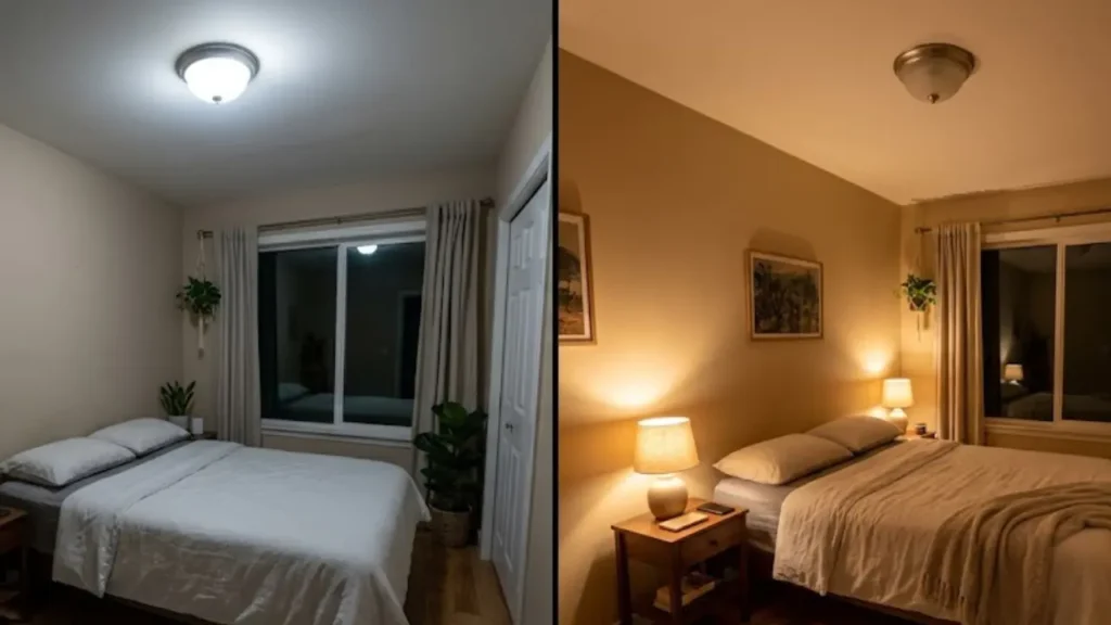 Small bedroom lighting mistake comparison showing single overhead light versus added warm lamp