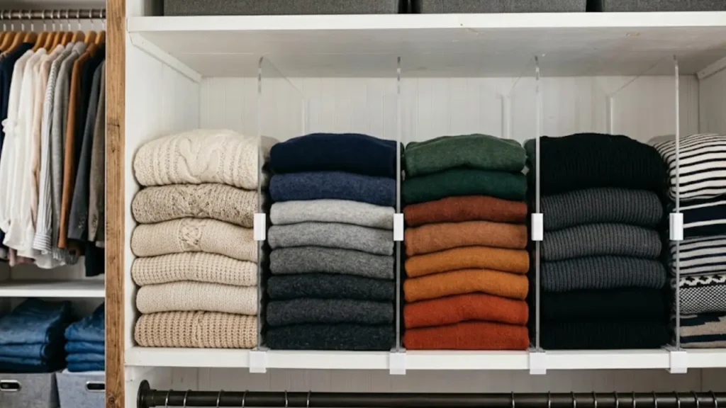 Small closet organization ideas showing shelf dividers keeping folded clothing stacks upright