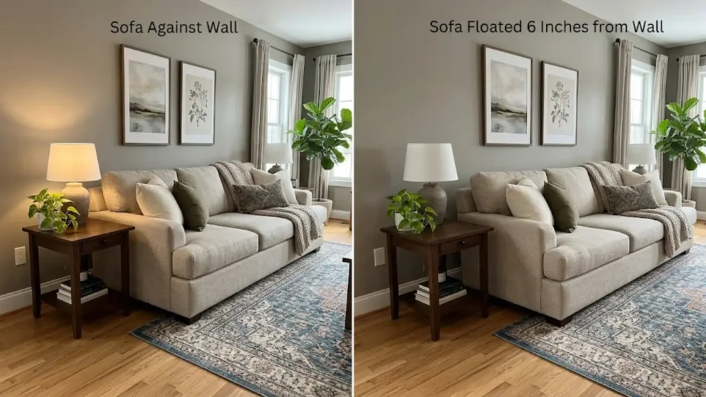 Small living room sofa placement comparison — against wall vs floated for better conversation area