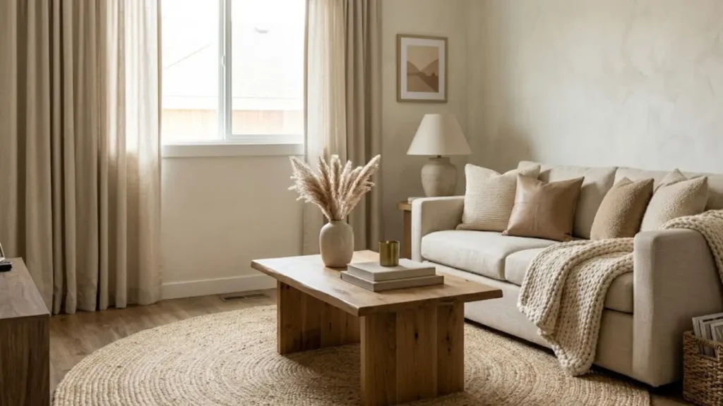 Small living room with layered neutral textures looking expensive and intentional