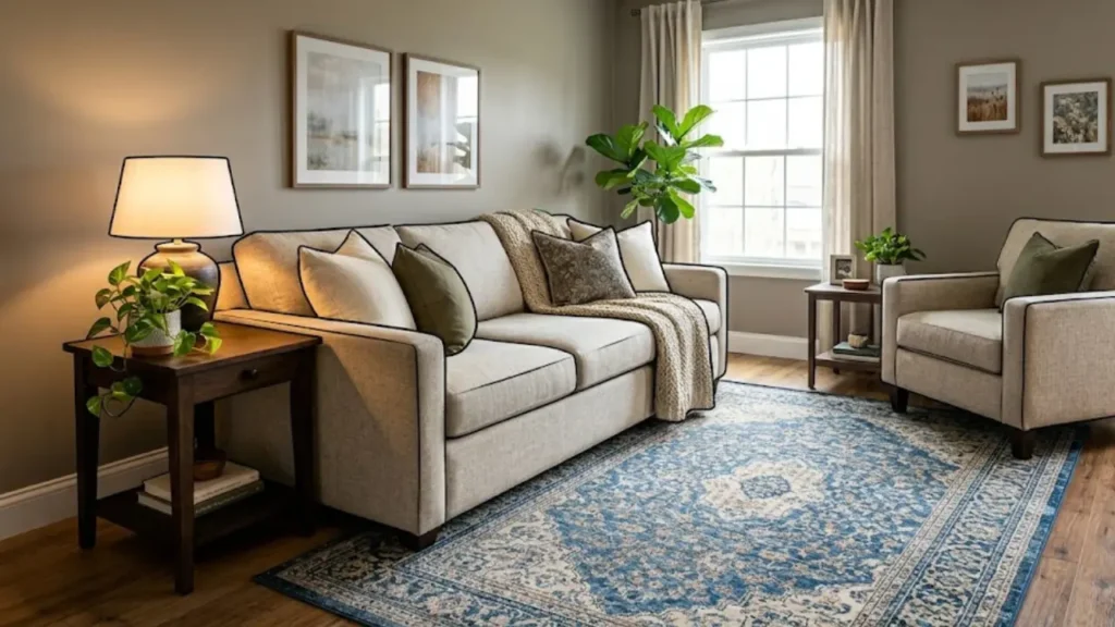 Small living room with rug anchoring furniture grouping and open traffic pathway to kitchen