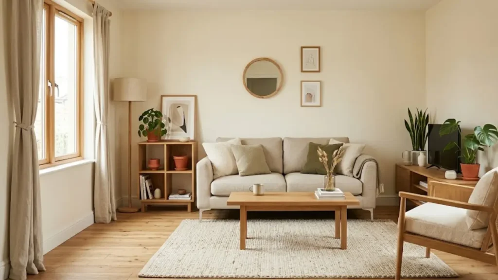 Small living room with warm white walls and wood furniture looking bright and airy