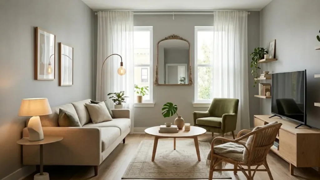 Too small rug in small living room with furniture arranged off the rug