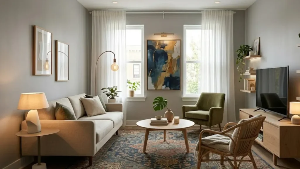 Well-arranged small living room with focal point, floated furniture, correct rug size and layered lighting